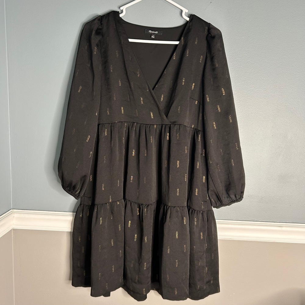 Madewell Black Metallic Stripe Tiered V Neck Long Sleeve Babydoll Dress Size S